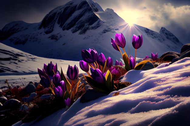 flores roxas de açafrão da primavera florescendo sobre montanhas