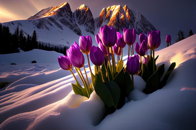 flores roxas de açafrão da primavera florescendo sobre montanhas