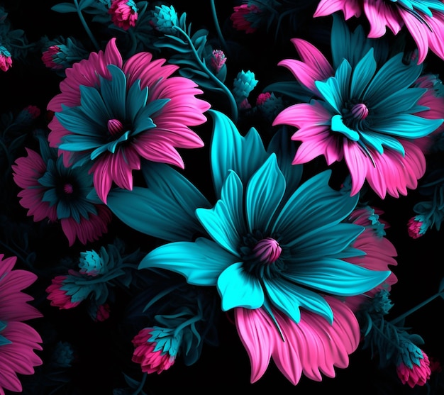 flores roxas e azuis estão em um fundo preto generativo ai
