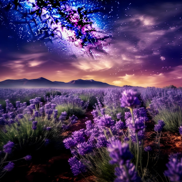 Foto flores roxas em um campo com um céu estrelado no fundo ai gerativa