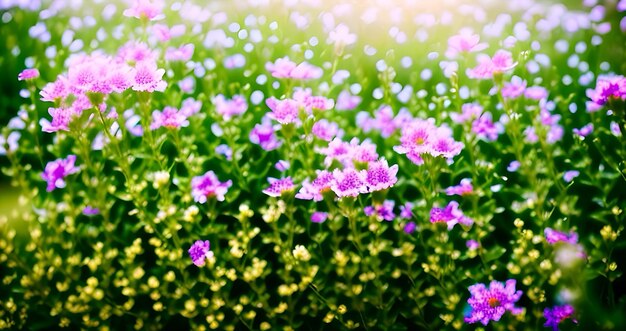 Flores roxas em um campo com um fundo sunburst