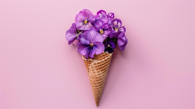Foto flores roxas em um cone de sorvete em um fundo rosa