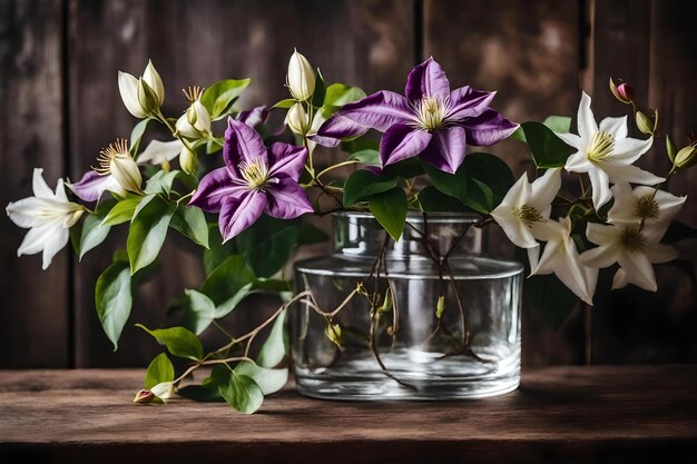 Foto flores roxas em um vaso de vidro em uma mesa de madeira