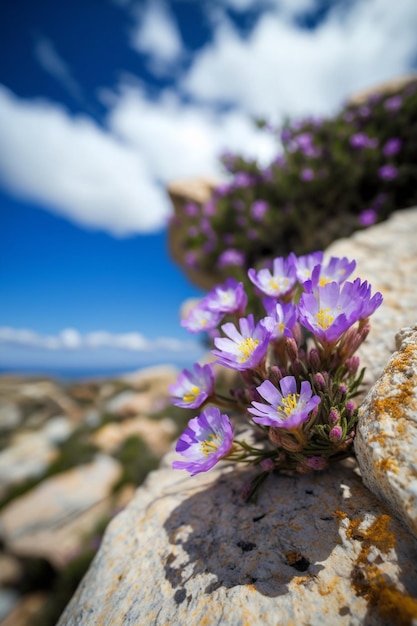 Flores roxas em uma rocha com o céu ao fundo