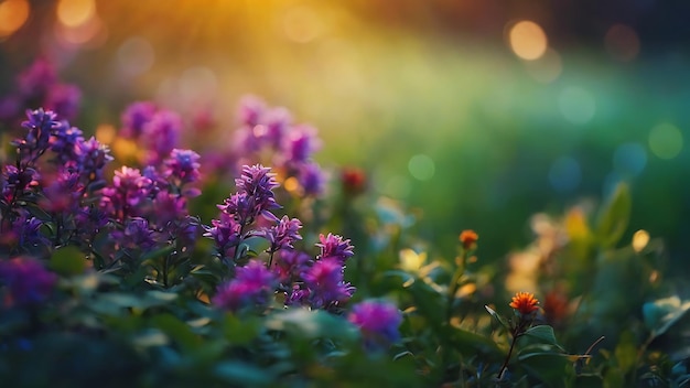 flores roxas na grama com o sol atrás delas