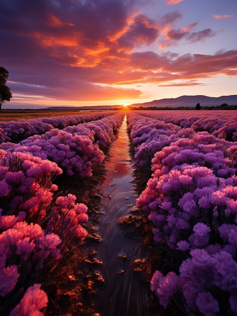 Foto flores roxas num campo ao pôr-do-sol com um riacho a atravessá-lo