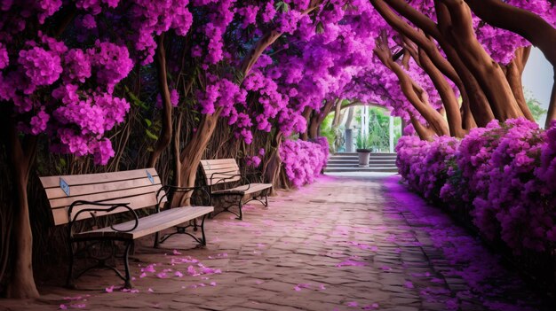 Foto flores roxas vibrantes alinhando uma passarela com um banco