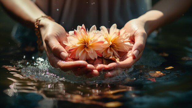 Foto flores sagradas flotando en el agua manos de niñas