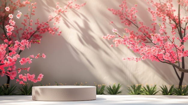 Las flores de sakura en el fondo, el podio de la mesa de madera.