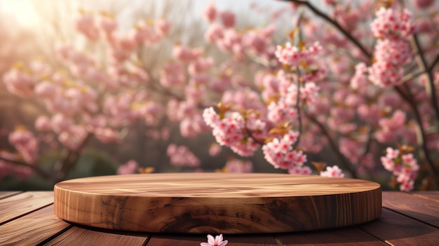 las flores de sakura rosas de fondo el podio de la mesa de madera