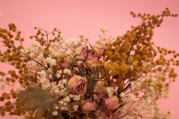 Las flores secas en amarillo y rosa se destacan en la composición sobre un fondo rosaxA