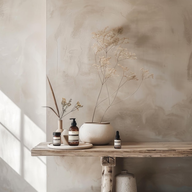 Flores secas y botellas de cosméticos en una mesa de madera