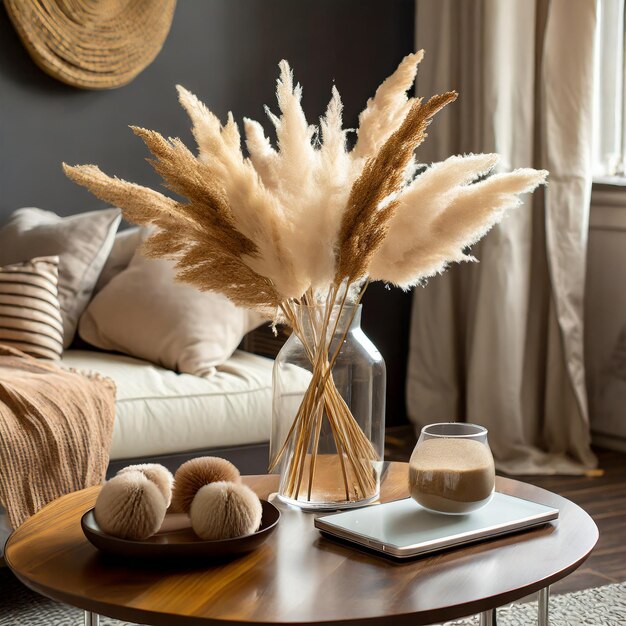 Flores secas de grama de pampas em um vaso de vidro em um tablet em uma mesa de café ao lado de uma cama de cor bege