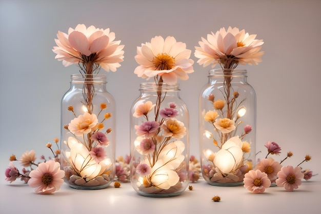 Flores secas e luz em garrafas de vidro Generative AI