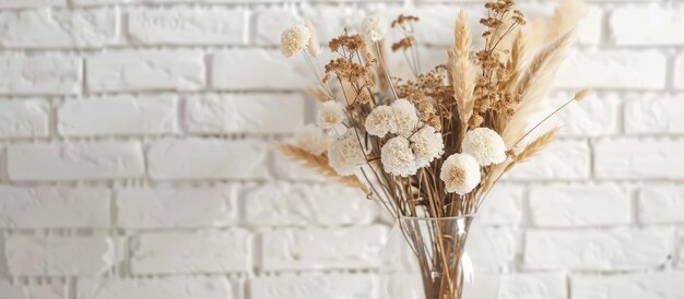 Flores secas exibidas em um vaso transparente contra um fundo de tijolos brancos