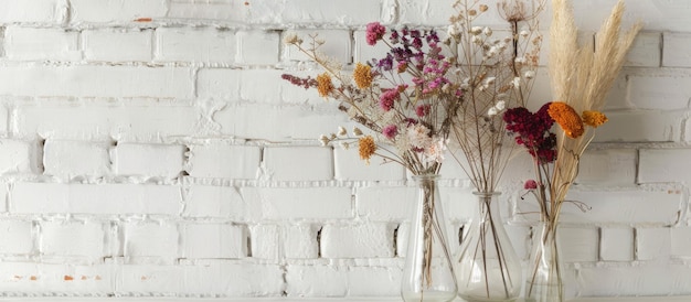 Flores secas exibidas em um vaso transparente contra um fundo de tijolos brancos
