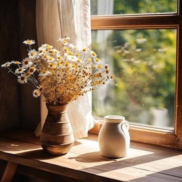 Flores secas en un jarrón junto a la ventana