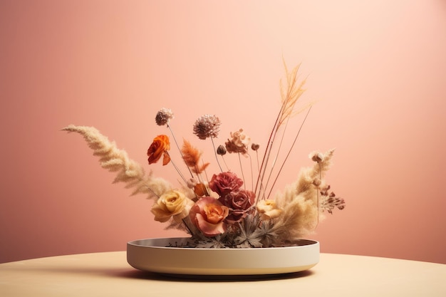 Flores secas y un podio que abraza el minimalismo en la naturaleza muerta