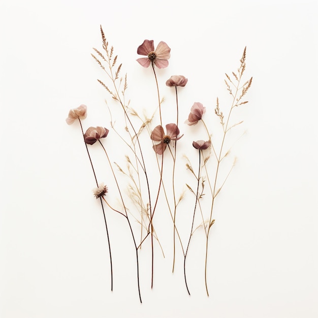 Foto flores secas en una superficie blanca con un fondo blanco generativo ai