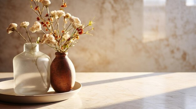 Flores secas en vaso de vidrio y cerámica sobre una mesa de mármol