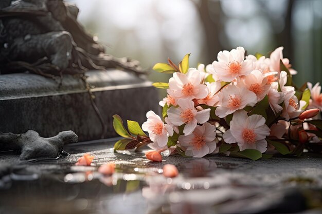 Foto flores de seda borrosas en una lápida