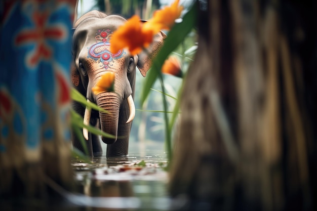 Flores de la selva con un elefante en el fondo