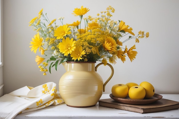 Flores selvagens amarelas de verão em jarra em interiores vintage brancos