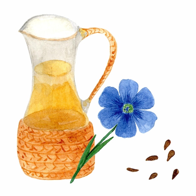 Flores y semillas de lino de aceite de linaza Dieta de alimentos saludables y productos cosméticos Aislado en el dibujo de acuarela de fondo blanco