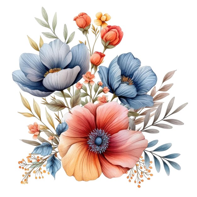 Flores silvestres acuarela Ilustración floral para invitaciones de tarjetas de felicitación y otros diseños de impresión Roca digital aislada sobre fondo blanco