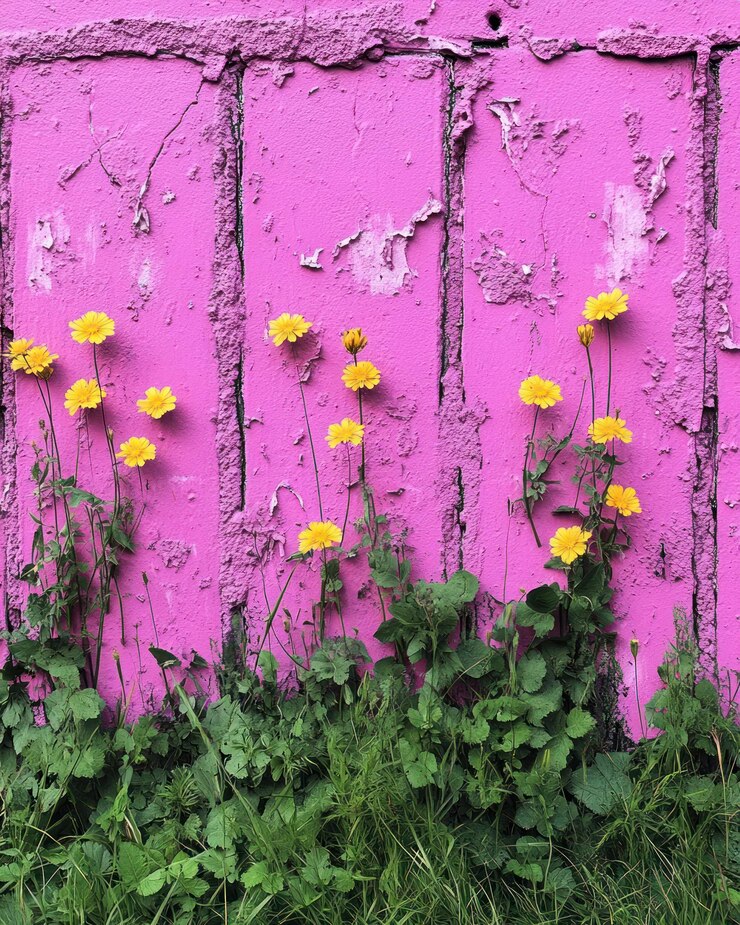 Flores silvestres amarillas contra una pared rosada desgastada