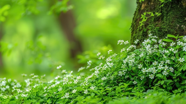 Flores silvestres brancas vibrantes florescem na base de uma árvore musgosa numa floresta verde exuberante