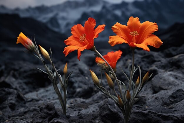 Foto flores silvestres brillantes que florecen contra el contraste de la oscura ceniza volcánica