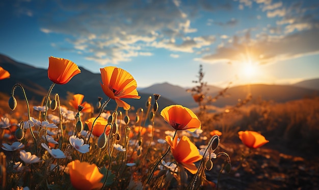 Flores silvestres campo de amapolas paisaje de campo de amapola naranja hermoso paisaje al atardecer bajo un