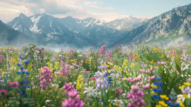 Flores silvestres en un campo de flores alpino en un prado de montaña