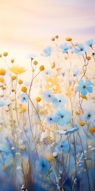 flores silvestres en un campo de flores amarillas y azules.