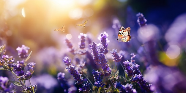 flores silvestres en el campo en gotas de rocío matinal y paisaje natural de mariposas