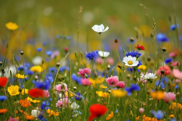 Flores silvestres de colores en un campo con una profundidad de campo poco profunda