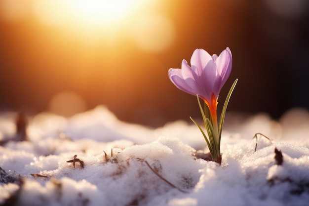 Flores silvestres de crocus o azafrán en flor en la nieve a la luz de la noche de cerca