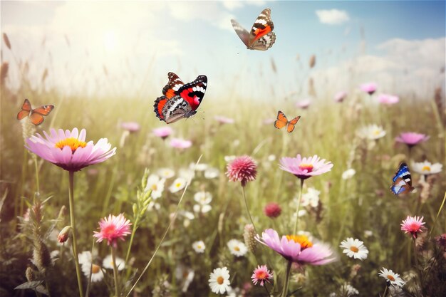 Flores silvestres e borboletas em um prado na natureza em conteúdo gerado por IA de fundo de verão