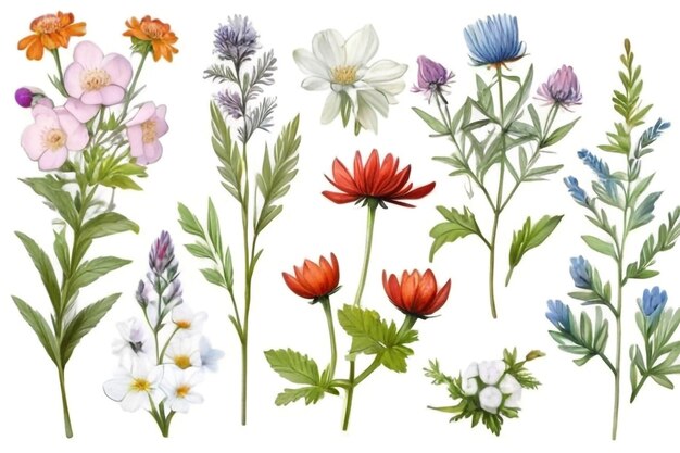 Foto flores silvestres e ervas com exemplo de um buquê dessas flores coleção botânica