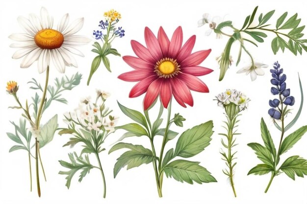 Foto flores silvestres e ervas com exemplo de um buquê dessas flores coleção botânica