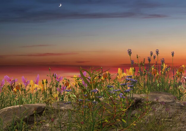 Flores silvestres e ervas no pôr do sol e mar rosa azul amarelo azul céu nublado sol arco-íris