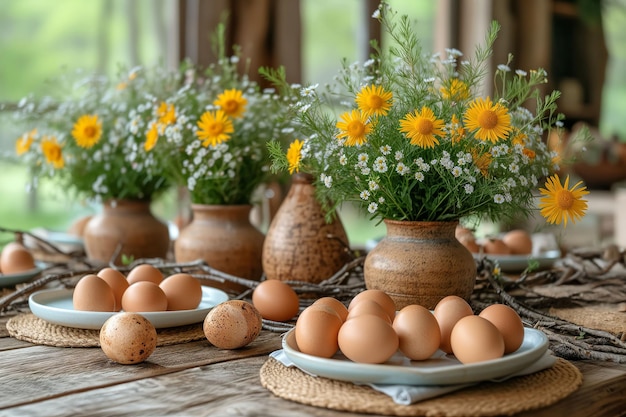 Flores silvestres em flor ovos reunidos tudo pronto para um banquete de primavera uma mesa para a Páscoa
