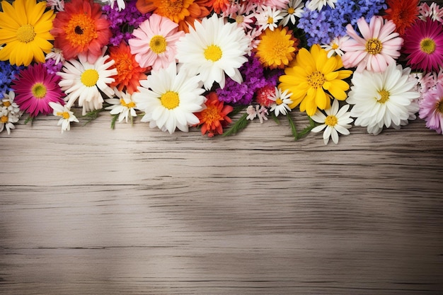 Flores silvestres em madeira rústica suave e plana com espaço acolhedor