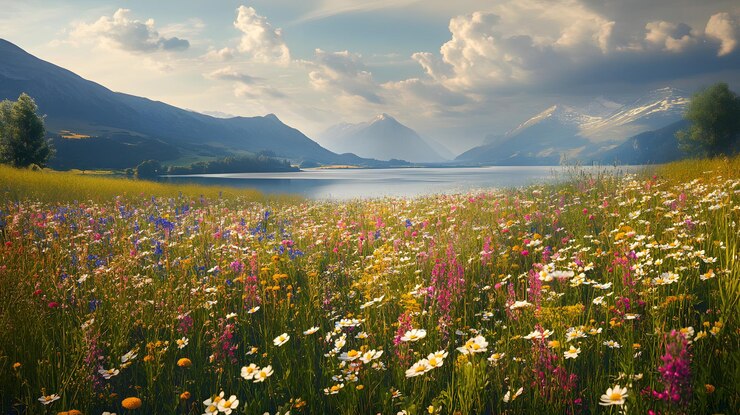 Las flores silvestres florecen en un prado cerca de un lago de montaña