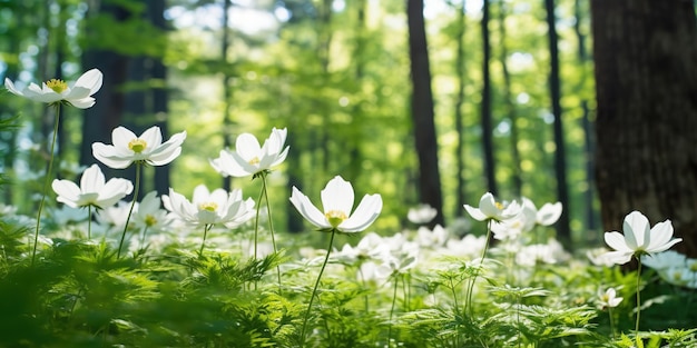 Flores silvestres fondo floral tamaño de bandera ancho Anemone nemorosa flores en el bosque de primavera