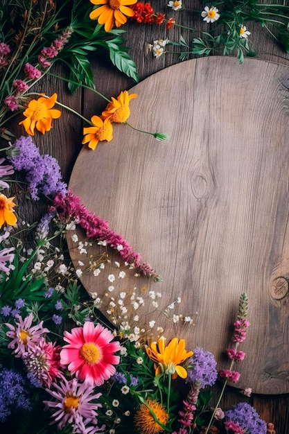 Flores silvestres y fondo de mesa de madera AI generativa