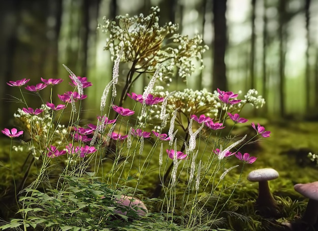 flores silvestres grama verbos e árvores no campo na floresta verão natureza paisagem fundo