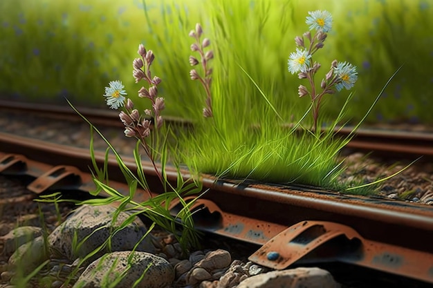 Flores silvestres en la hierba al lado del ferrocarril