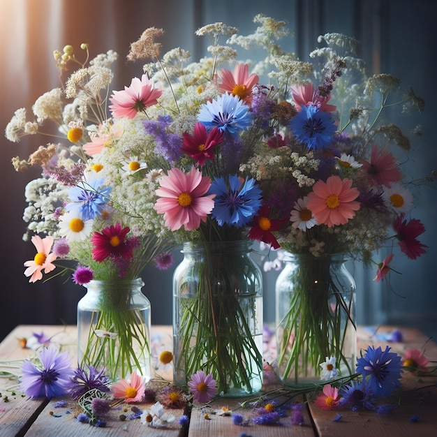 Flores silvestres en jarrones